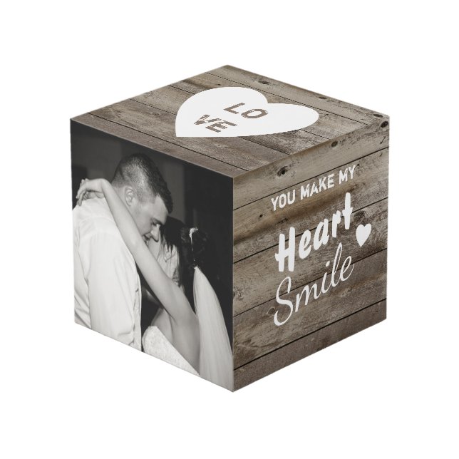 Personalised Rustic brown wood photo love Cube (Front Angled)