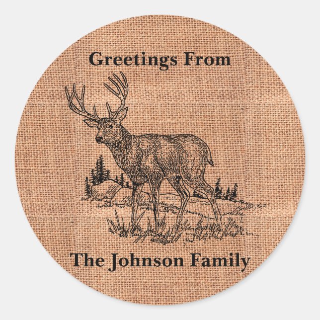 Personalised Rustic Burlap And Deer Illustration Classic Round Sticker (Front)