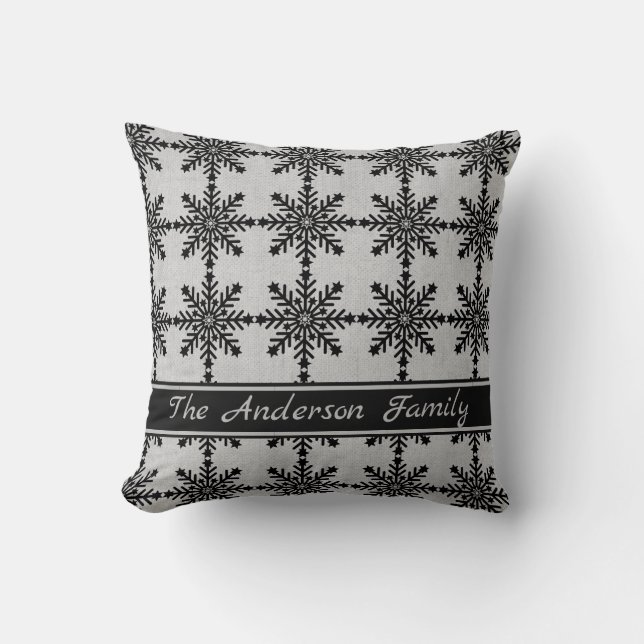 Personalised Rustic Burlap Black Snowflake Pattern Cushion (Front)
