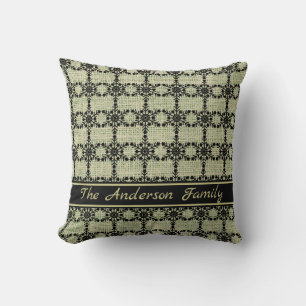 Personalised Rustic Burlap Black Snowflake Pattern Cushion