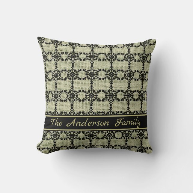 Personalised Rustic Burlap Black Snowflake Pattern Cushion (Front)