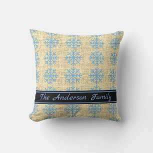 Personalised Rustic Burlap Blue Snowflake Pattern Cushion