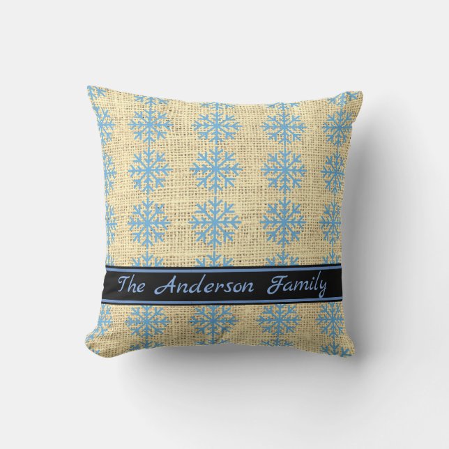 Personalised Rustic Burlap Blue Snowflake Pattern Cushion (Front)
