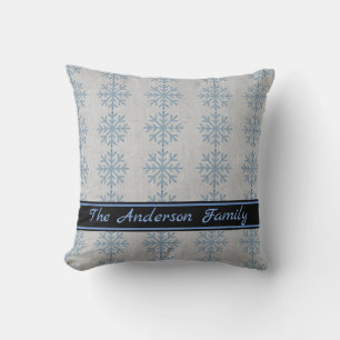 Personalised Rustic Burlap Blue Snowflake Pattern Cushion