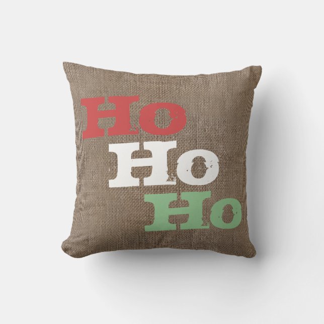 Personalised Rustic Burlap-Look Christmas Ho Ho Ho Cushion (Front)