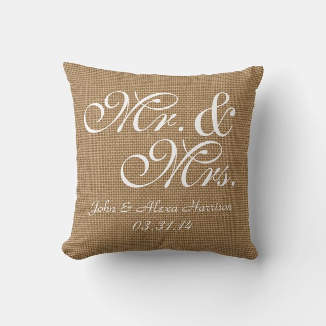 Personalised Rustic Burlap-Look Wedding Pillow (Front)