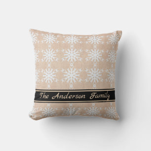 Personalised Rustic Burlap White Snowflake Pattern Cushion