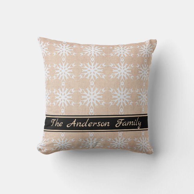 Personalised Rustic Burlap White Snowflake Pattern Cushion (Front)