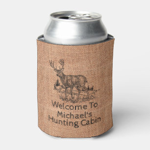 Personalised Rustic Burlap with Deer Illustration Can Cooler