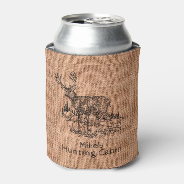 Personalised Rustic Burlap with Deer Illustration  Can Cooler (Can Front)