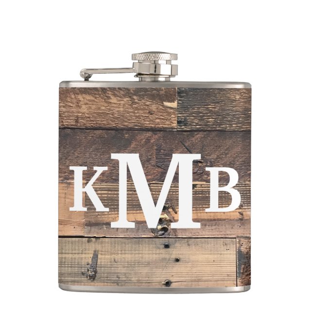 Personalised Rustic Chic Wood Classic Monogram Hip Flask (Front)