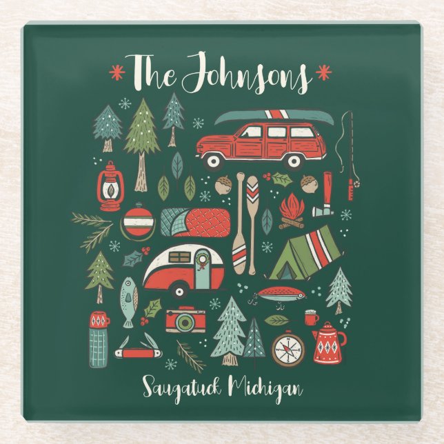 Personalised Rustic Christmas Camping Lake House Glass Coaster (Front)