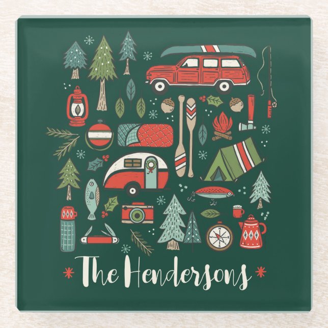 Personalised Rustic Christmas Camping Lake House Glass Coaster (Front)