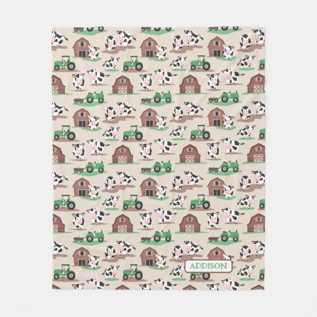 Personalised Rustic Cow Farm Tan and Green Kids Fleece Blanket (Front)
