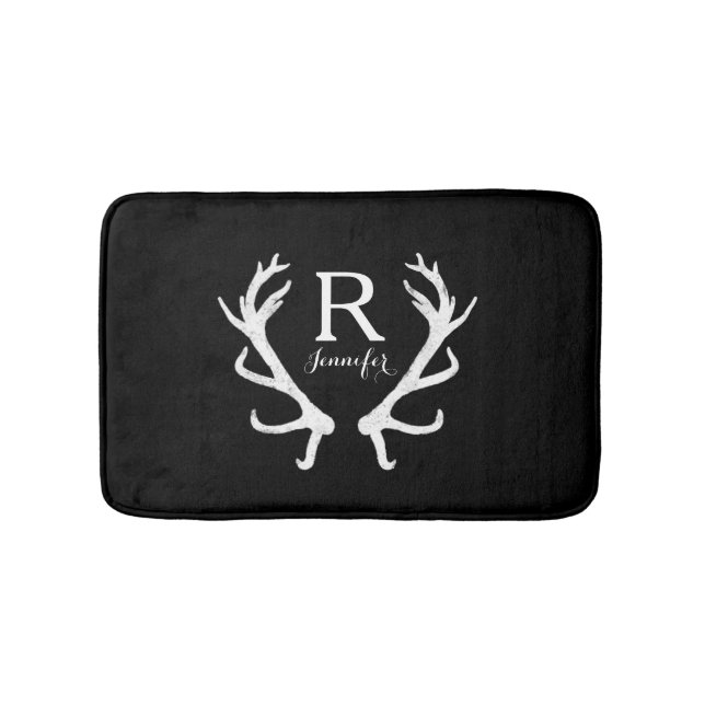 Personalised Rustic Deer Antlers Monogram Bath Mat (Front)