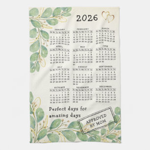 Personalised Rustic Eucalyptus 2026 Calendar Tea Towel