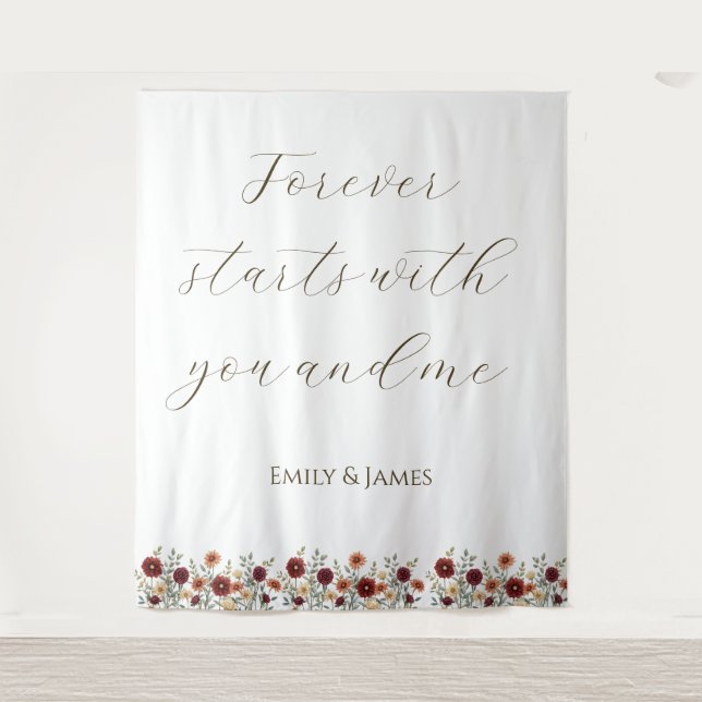 Personalised Rustic Fall Floral Wedding Backdrop Tapestry (Front)