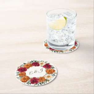 Personalised Rustic Fall Floral Wedding Round Paper Coaster