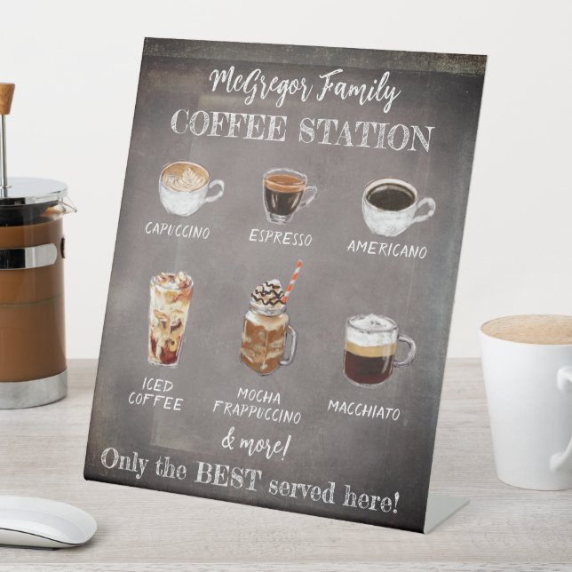 Personalised Rustic Family Coffee Station Pedestal Sign (In SItu)