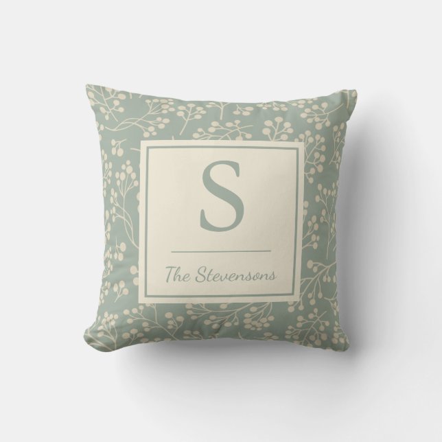 Personalised Rustic Farmhouse Botanical Sage Green Cushion (Front)