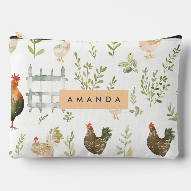 Personalised Rustic Farmhouse Chicken & Greenery Accessory Pouch (Front)