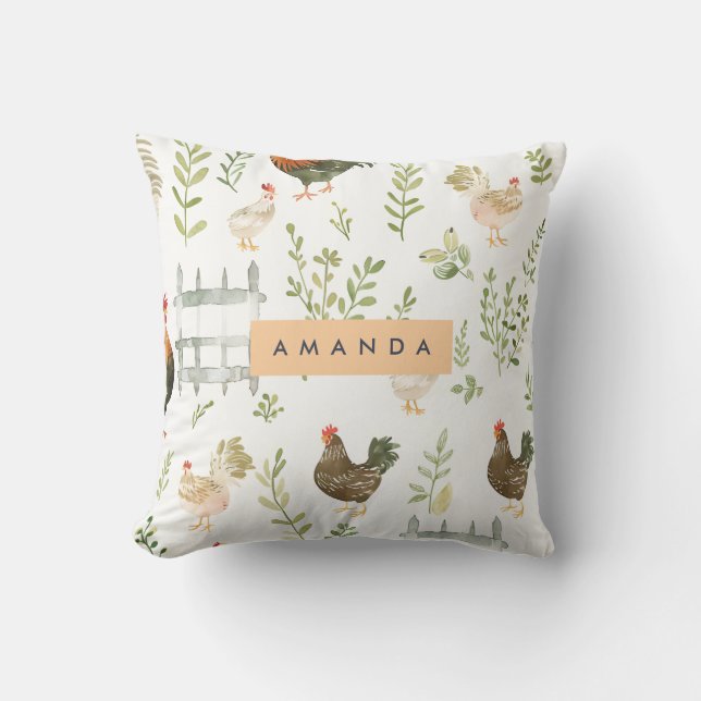 Personalised Rustic Farmhouse Chicken & Greenery  Cushion (Front)