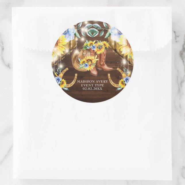 Personalised Rustic Floral Boots String Lights Classic Round Sticker (Bag)