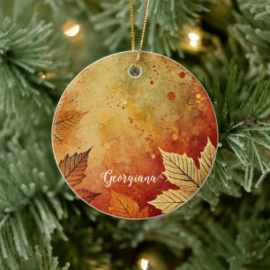 Personalised Rustic Golden Autumnal Distressed Ink Ceramic Ornament