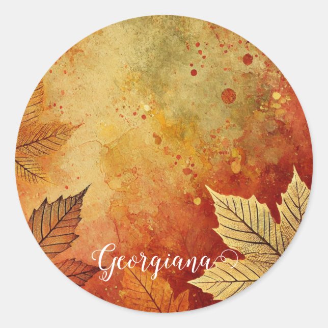 Personalised Rustic Golden Autumnal Distressed Ink Classic Round Sticker (Front)
