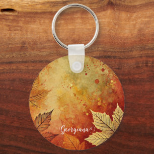 Personalised Rustic Golden Autumnal Distressed Ink Key Ring