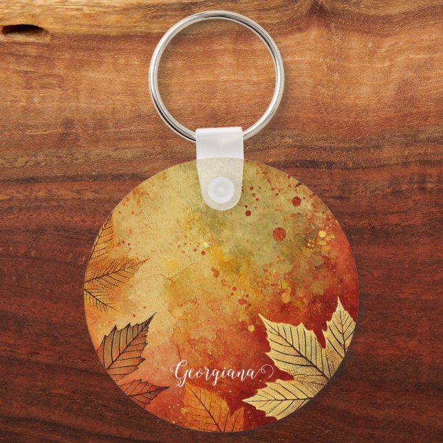 Personalised Rustic Golden Autumnal Distressed Ink Key Ring (Front)