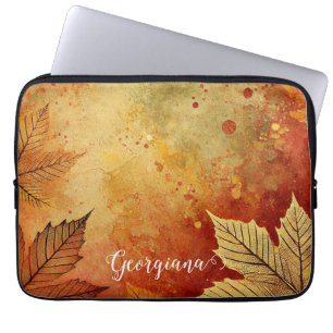 Personalised Rustic Golden Autumnal Distressed Ink Laptop Sleeve