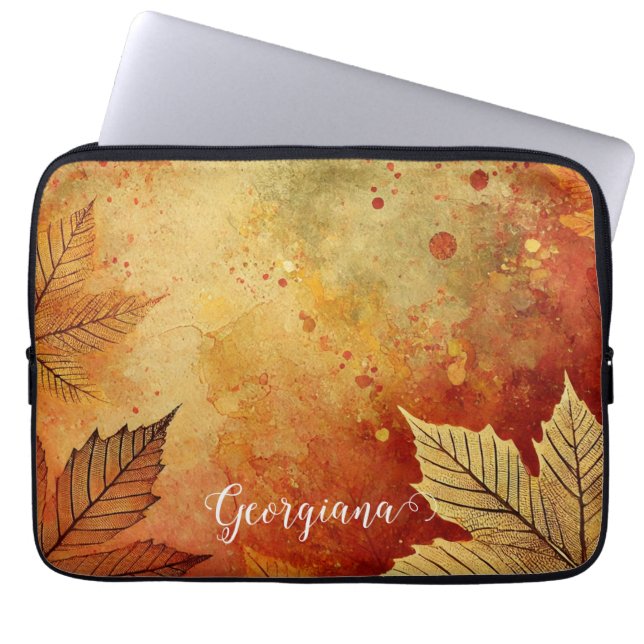 Personalised Rustic Golden Autumnal Distressed Ink Laptop Sleeve (Front)