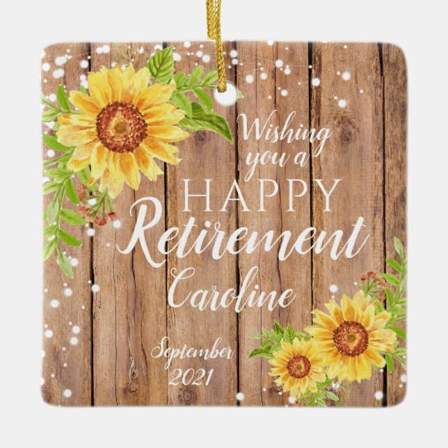 Personalised Rustic Happy Retirement Floral Ceramic Ornament (Front)