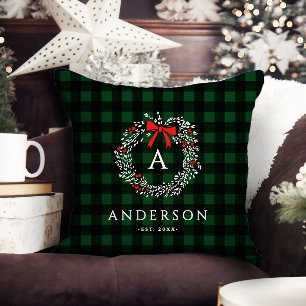 Personalised Rustic Holiday Wreath Buffalo Plaid Cushion