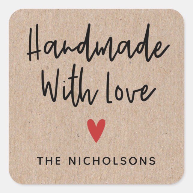 Personalised Rustic Kraft Handmade With Love Square Sticker (Front)