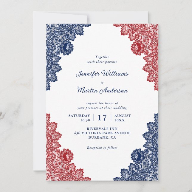 Personalised Rustic Lace Navy Blue and Red Wedding Invitation (Front)