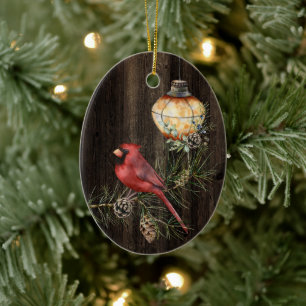 Personalised Rustic Lantern and Redbird Christmas Ceramic Ornament