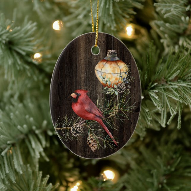 Personalised Rustic Lantern and Redbird Christmas Ceramic Ornament (Tree)