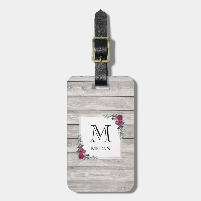 Personalised rustic light wood floral luggage tag (Front Vertical)