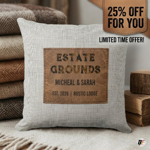 Personalised Rustic Lodge Faux Leather Patch Estat Cushion