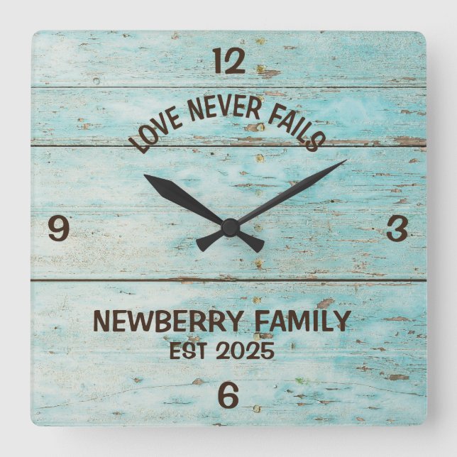 Personalised Rustic "Love never fails" Clock (Front)