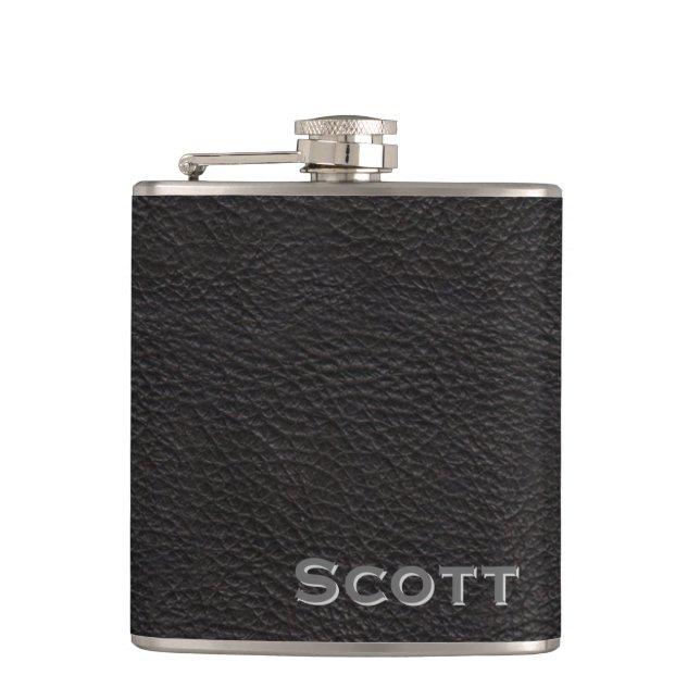 Personalised | Rustic Masculine Black Leather Look Hip Flask (Front)
