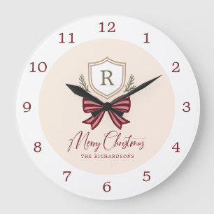 Personalised Rustic Monogram Crest Bow Christmas Large Clock