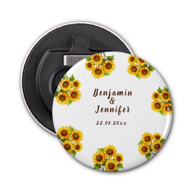 Personalised rustic morden sunflower wedding  bottle opener (Front)