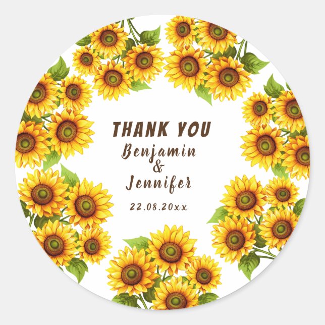 Personalised rustic morden sunflower wedding  classic round sticker (Front)