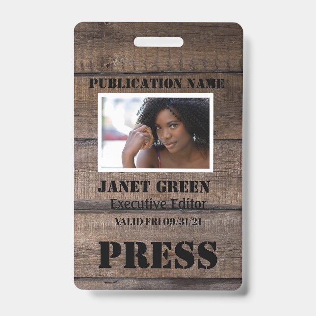 Personalised Rustic Photo Journalist Pass Press ID Badge (Front)
