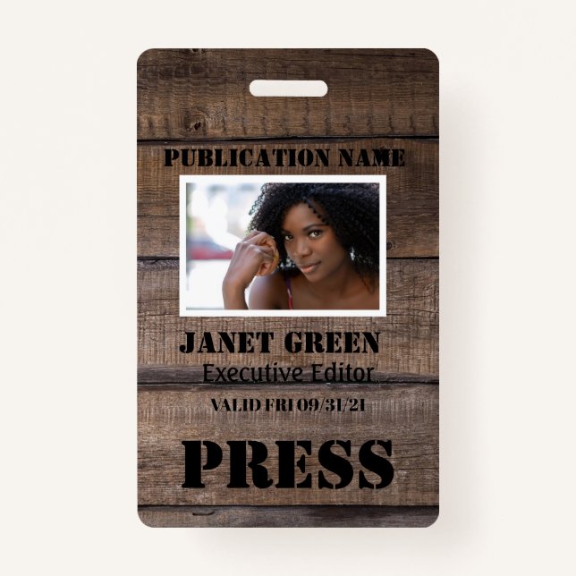 Personalised Rustic Photo Journalist Pass Press ID Badge (Front)
