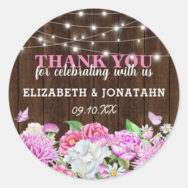 Personalised Rustic Pink Floral Wedding Classic Round Sticker (Front)