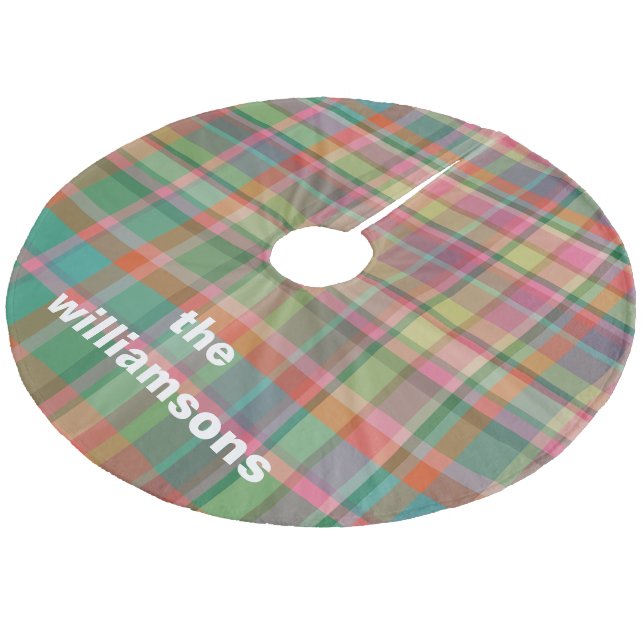 Personalised Rustic Plaid Family Name Christmas Fleece Tree Skirt (Angled)
